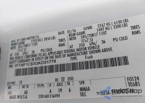 2016 Ford F-150 Xl z USA, uszkodzony, nr VIN 1FTMF1C83GKD51779